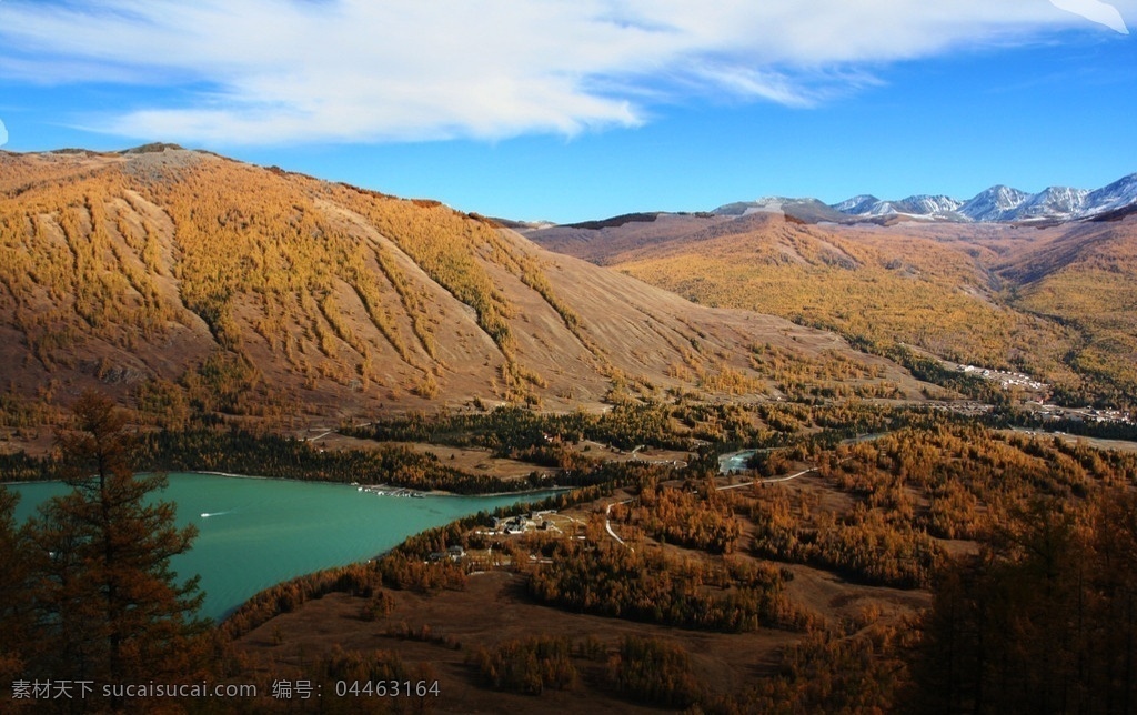 新疆 喀纳斯 秋色 塔松 山峦 山道 河道 哈纳斯湖 游艇 雪山 蓝天 白云 新疆哈纳斯 风景名胜 自然景观