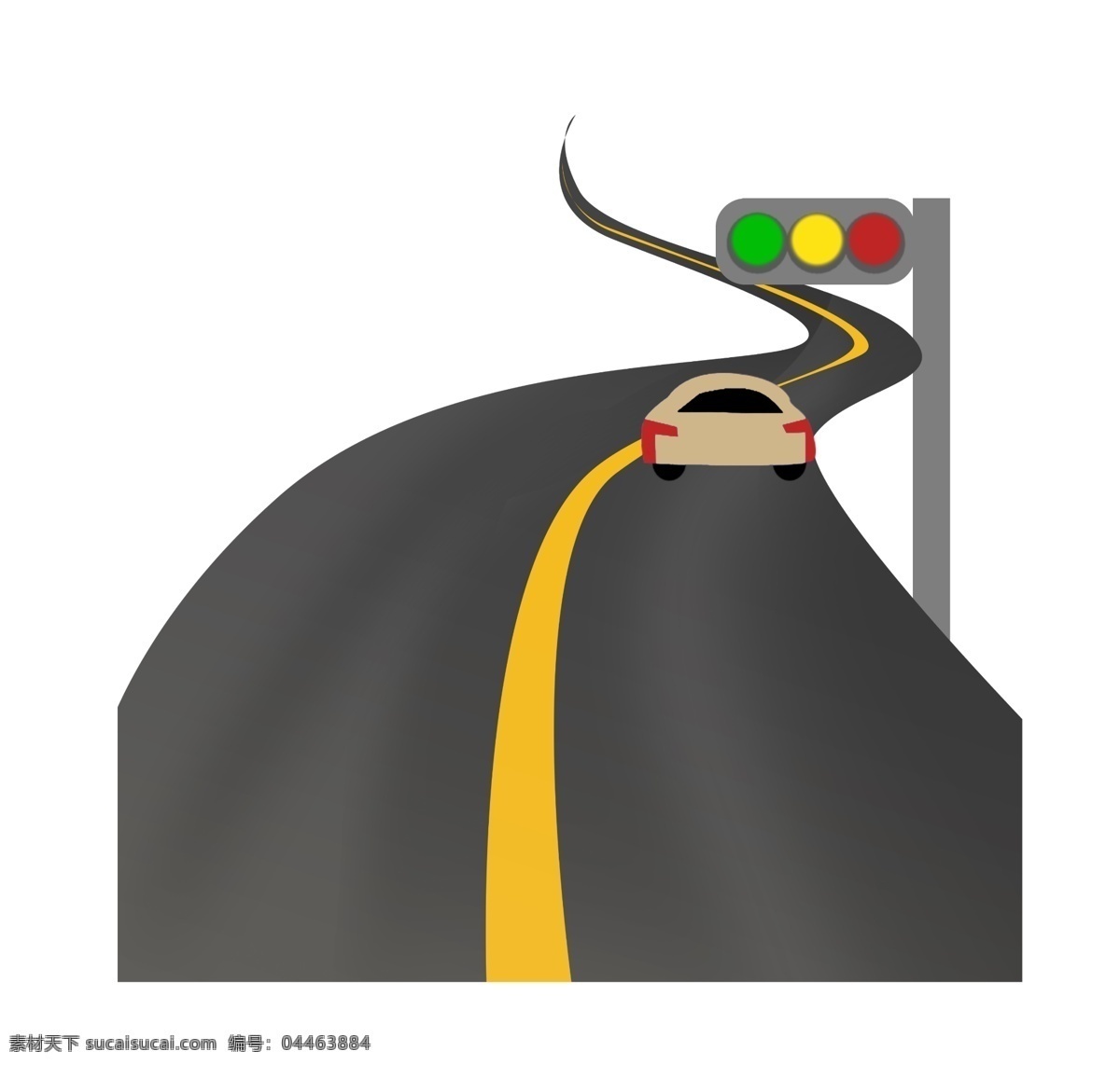 弯曲 柏油 公路 插图 交通信号灯 土黄色的汽车 黄色分隔线 柏油马路 卡通马路图 弯曲的公路