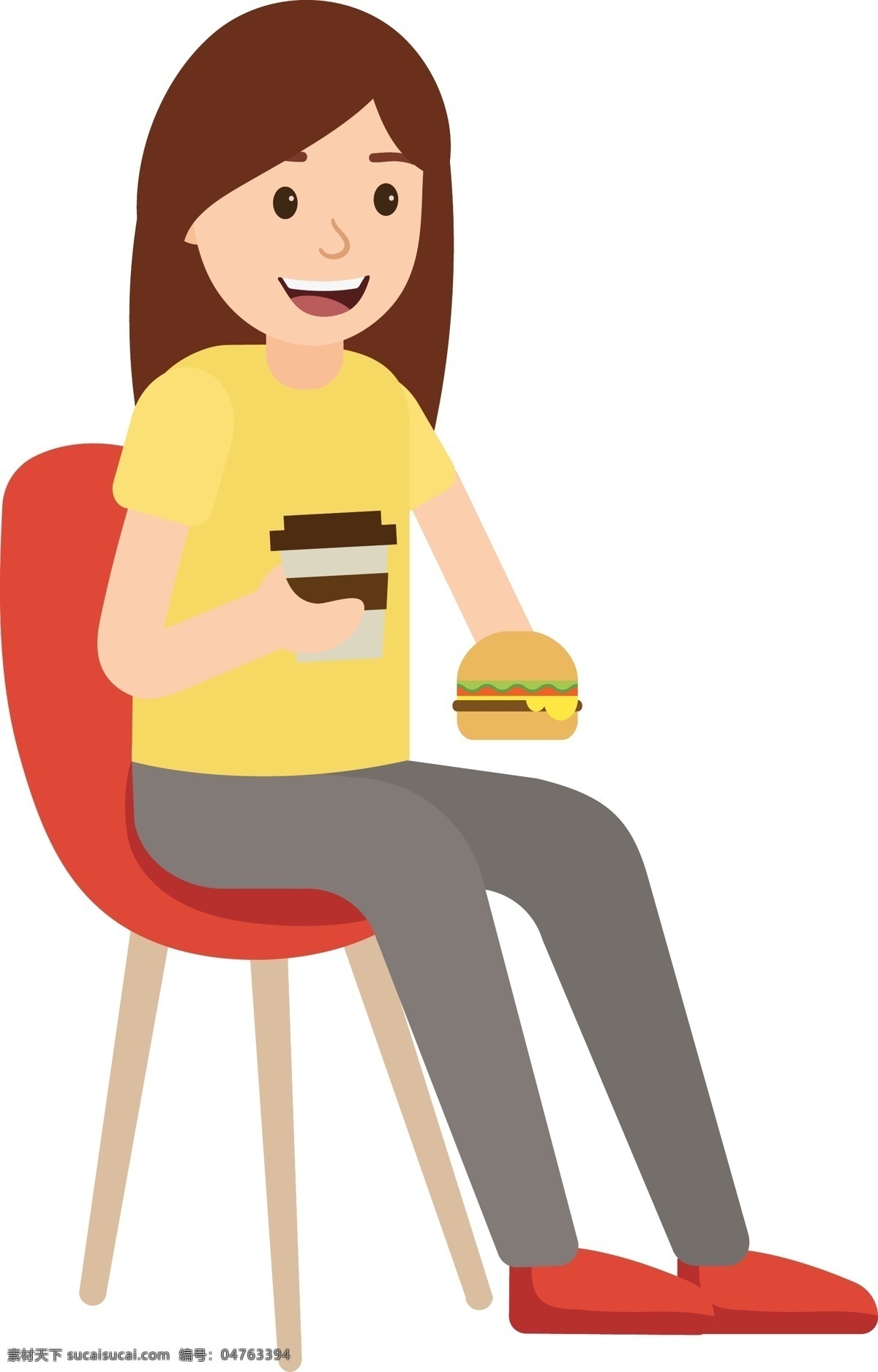 矢量 卡通 正在 喝 咖啡 吃 汉堡 人 喝咖啡 吃汉堡 快餐 坐着 凳子 吃饭 西餐 肥胖 健康 油炸 女人 午餐