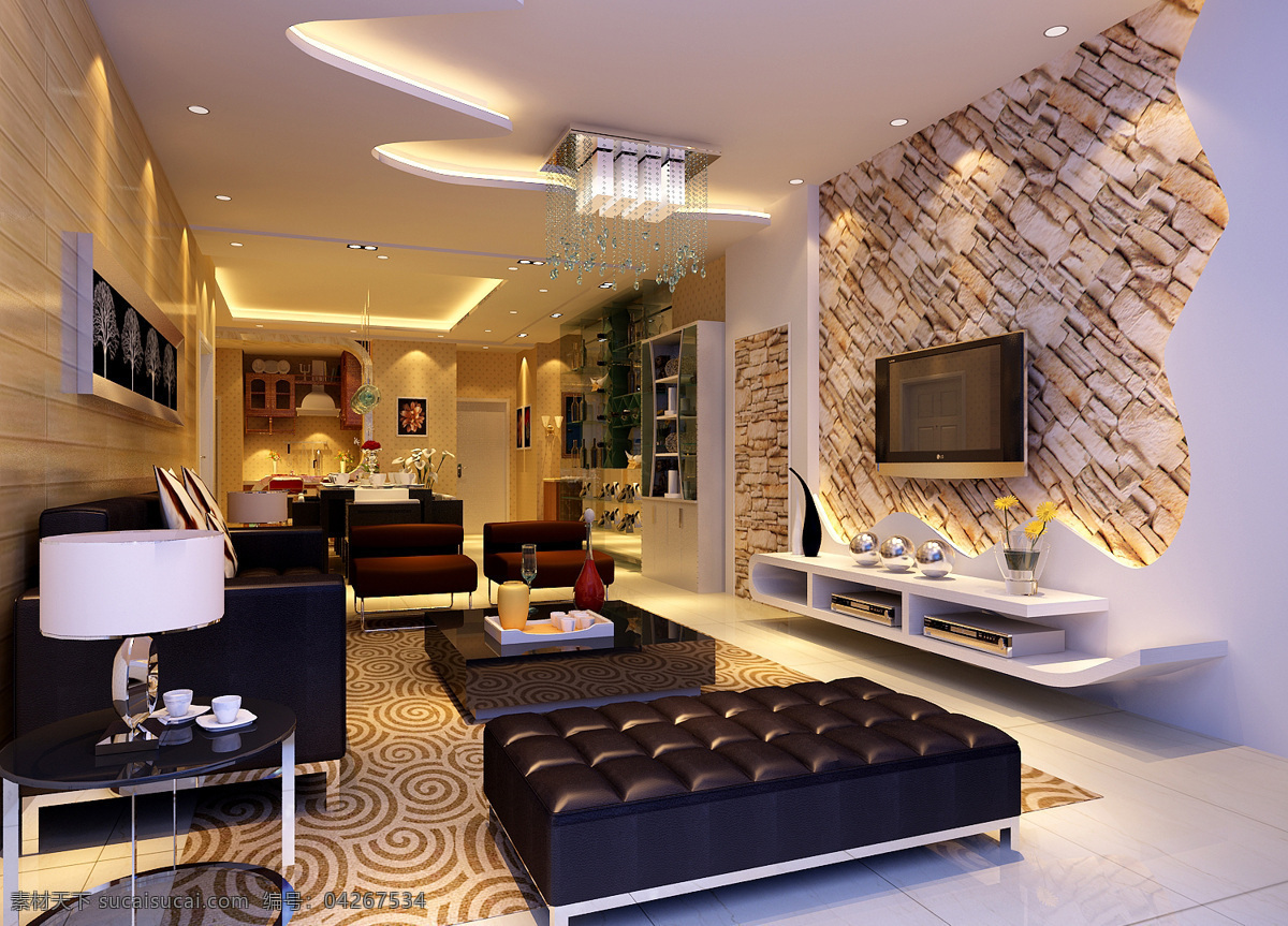 现代 客厅 模型 免费 下 载 3d 电视机 沙发茶几 max 黑色