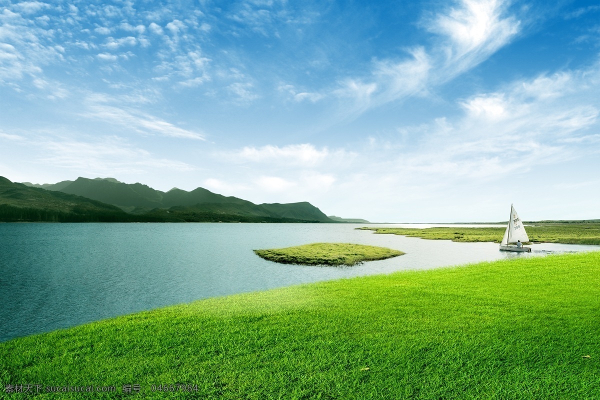 蓝天白云山水 山水 湖泊 草地 船只 云朵 树木要 草丛 风景 分层 源文件