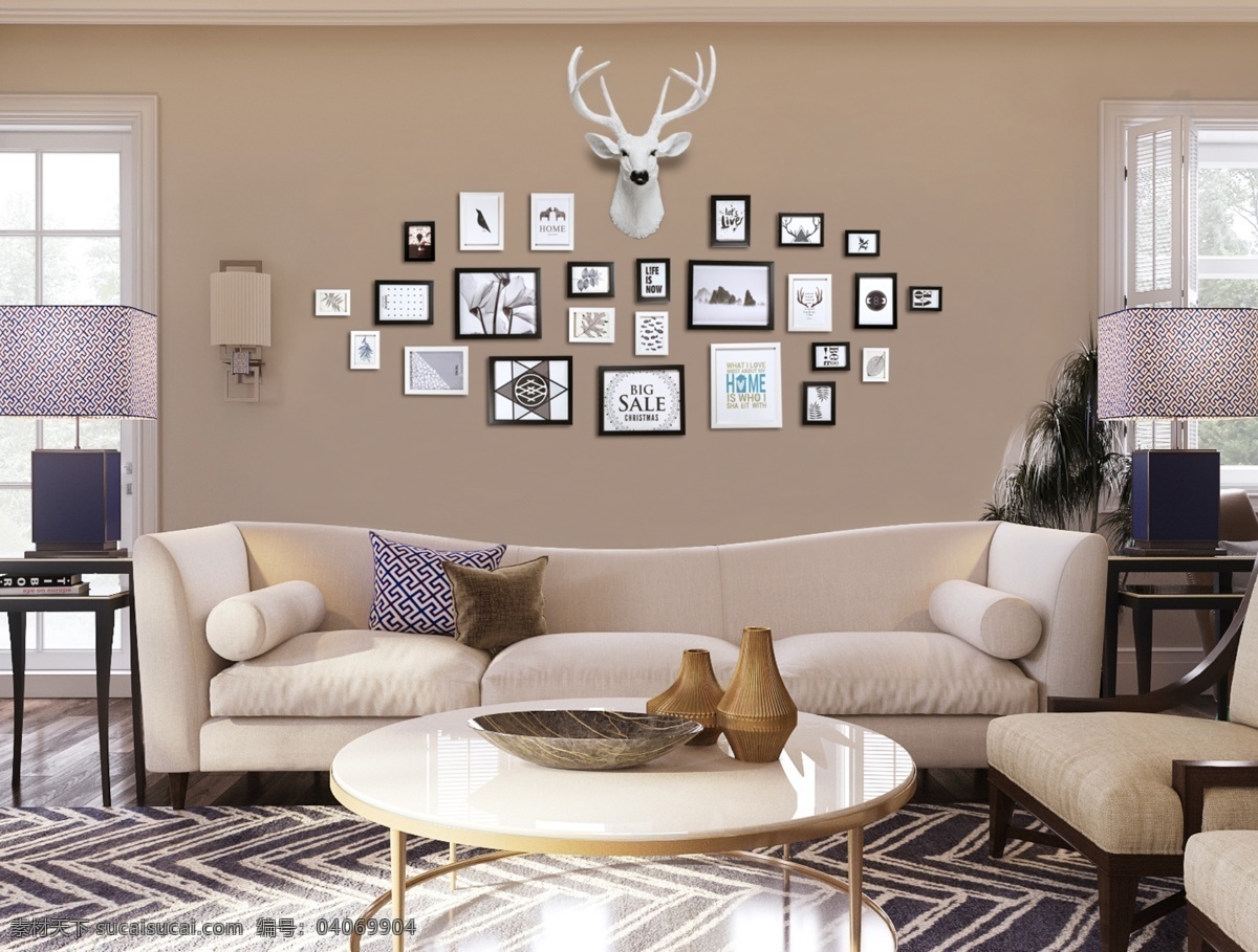 现代 客厅 白色 鹿头 相框 背景 室内装修 客厅装修 客厅背景墙 沙发墙效果 环境设计 室内设计 共享作品