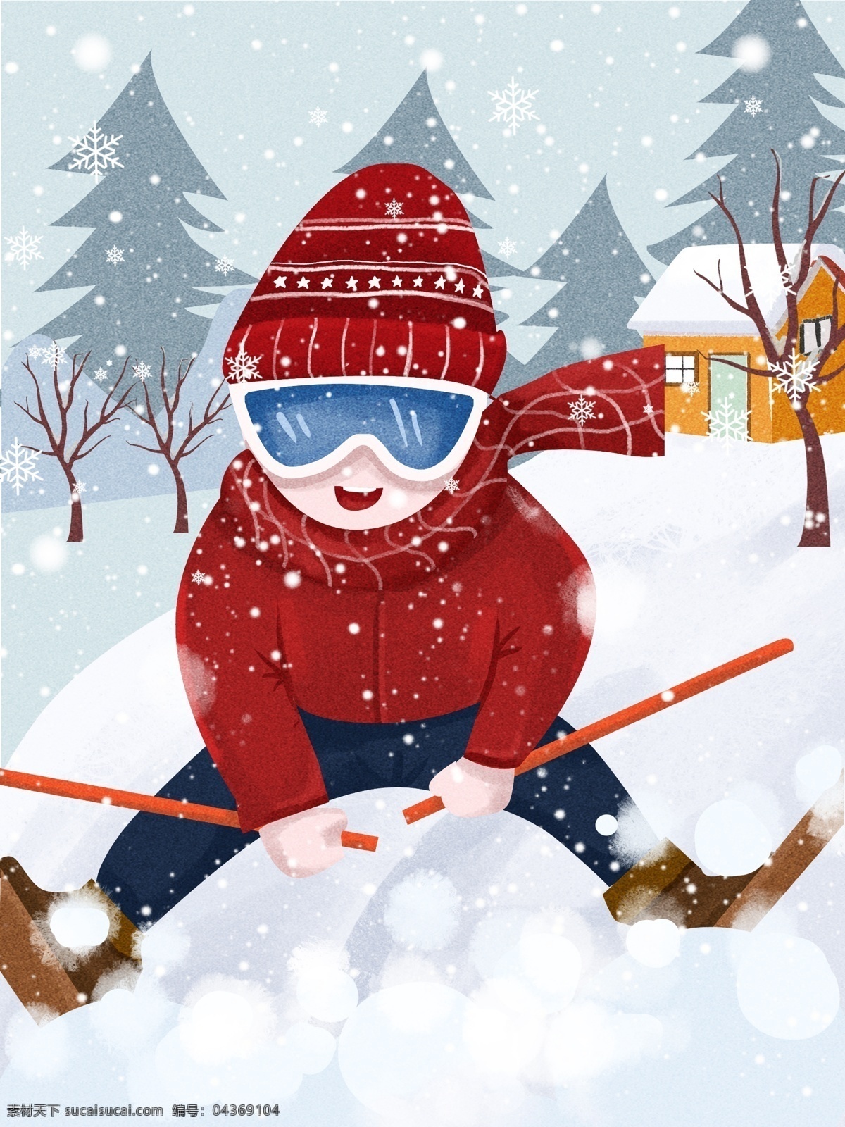 冬日 滑雪 场景 插画 户外运动 滑雪运动 雪景 房子 滑雪场景 滑雪女孩 树 雪 文章配图 手机媒介配图