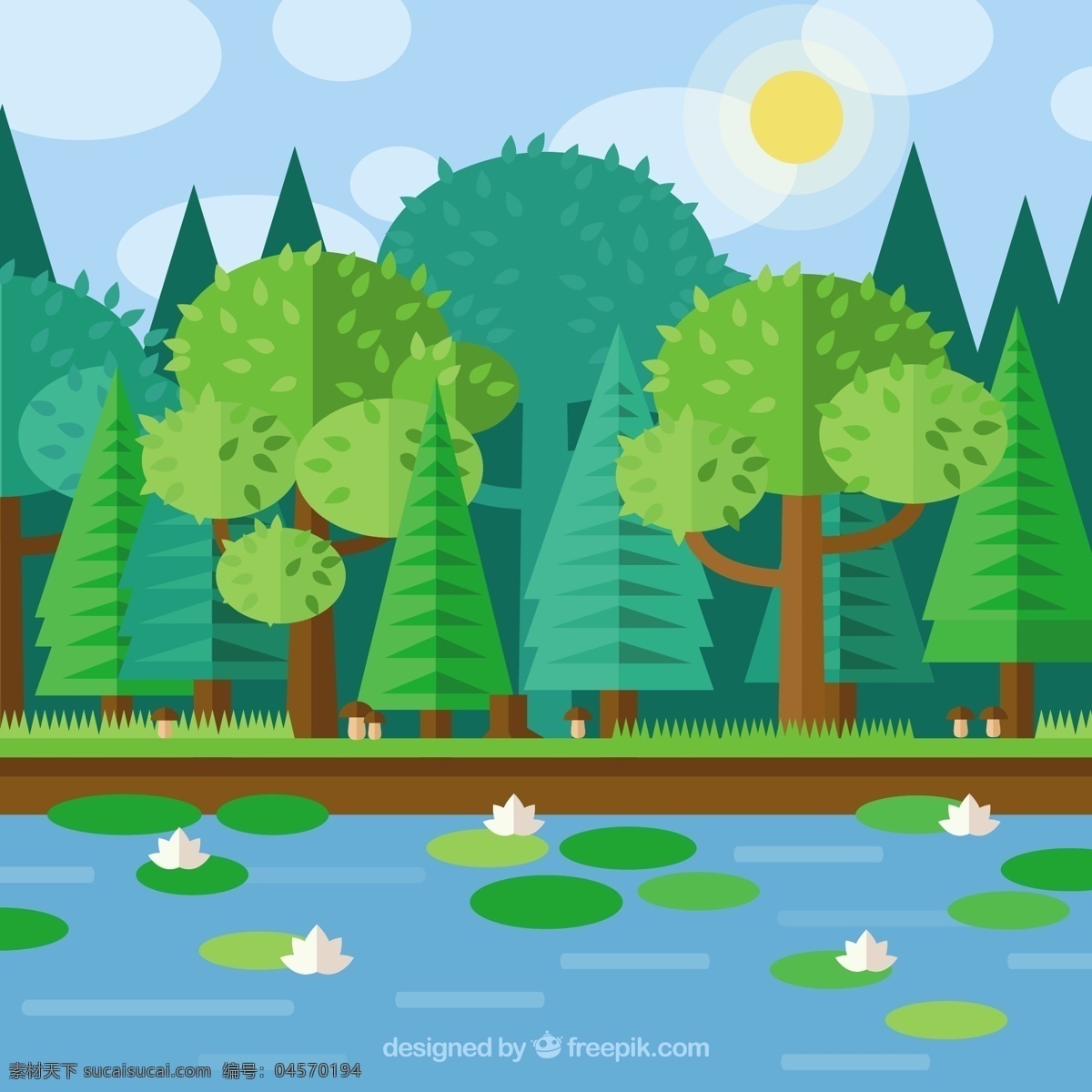 平面 几何 森林 湖泊 花卉 水 自然 绿化 叶 草 春 景观 平坦 树叶 树木 平面设计 环境 多边形 青色 天蓝色