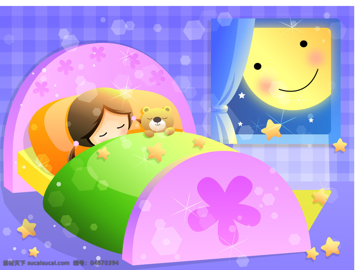 卡通儿童 卡通 儿童 睡觉 月亮 小熊 床 深夜 可爱 卧室 动漫动画 动漫人物 设计图库