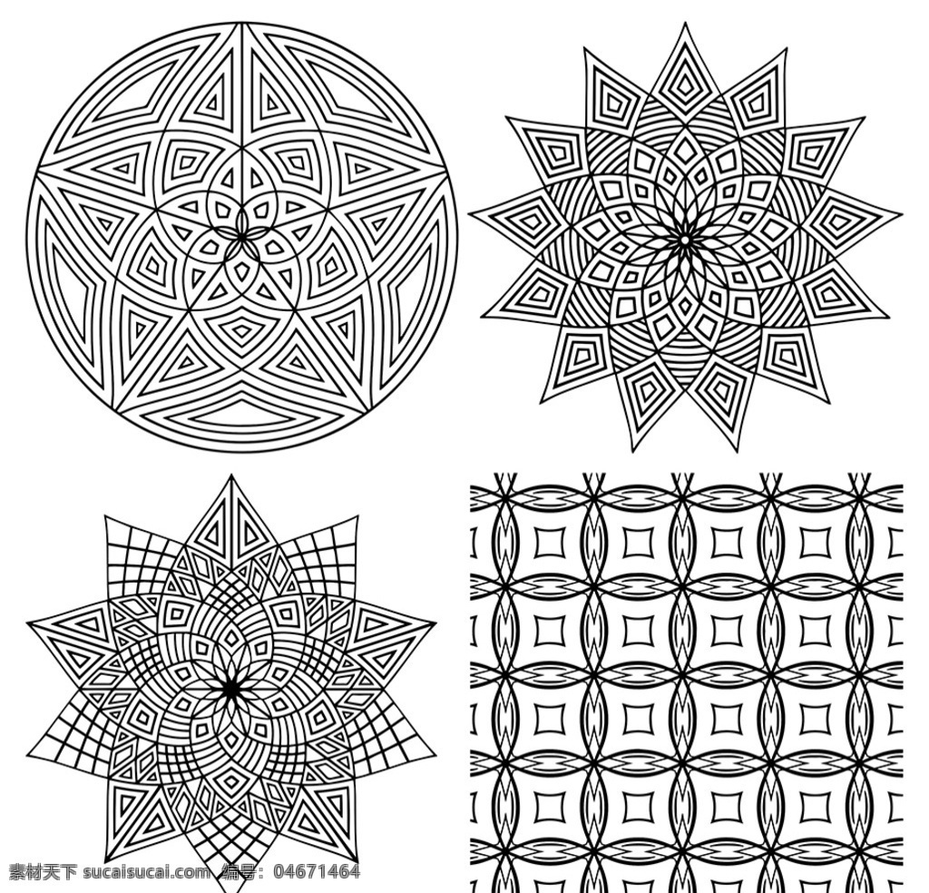 地砖黑白图案 地砖 黑白 图案 图形 底纹 线描 几何 方形 圆形 星形 t恤amp 底纹边框 背景底纹