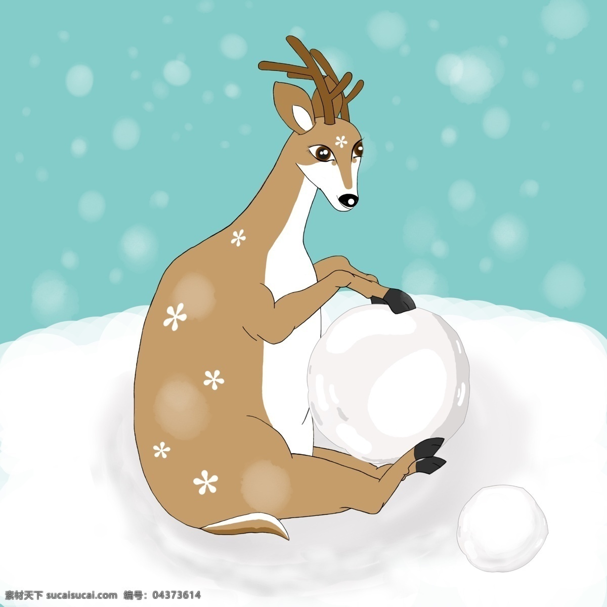 小鹿 胖胖 鹿 滚雪球 雪球 小花 鹿角 雪花 尾巴 雪
