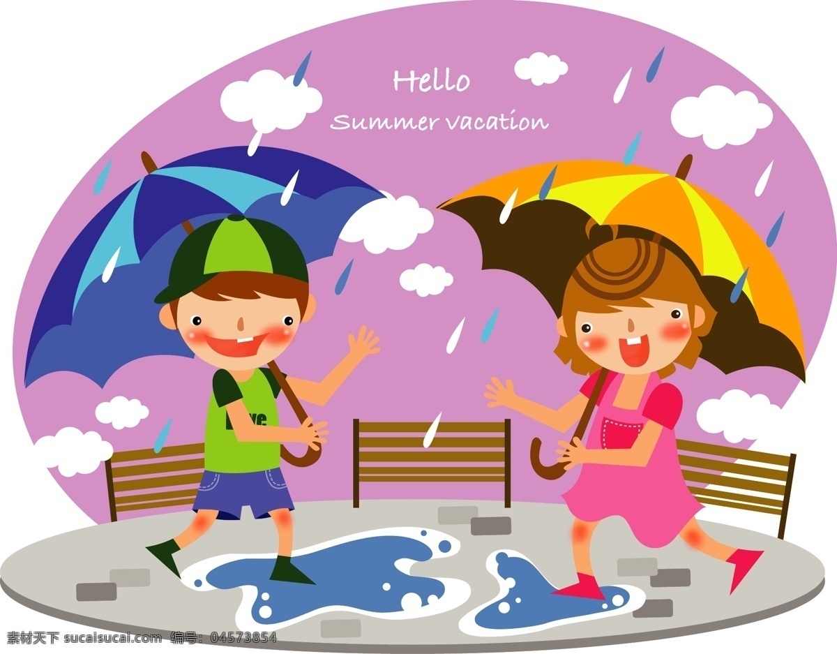 儿童 暑假 矢量 hello summer 白云 插画 卡通 模板 男孩 女孩 设计稿 天空 雨滴 雨伞 下雨 木椅 水塘 vacation 素材元素 源文件 矢量图