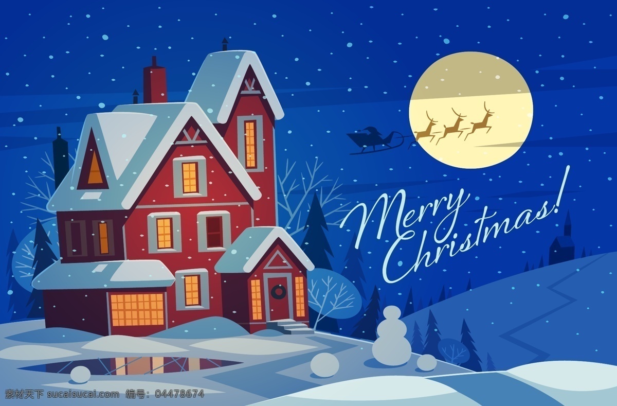 圣诞 里 房子 插画 月亮 唯美 冬天 节日 圣诞节 麋鹿
