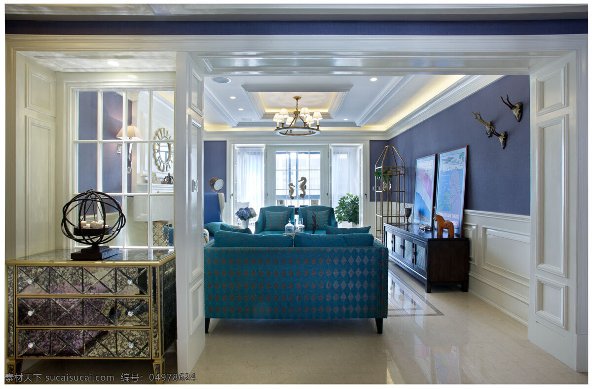 现代 时尚 客厅 浅色 瓷砖 地板 室内装修 效果图 白色玻璃门 瓷砖地板 客厅装修 蓝色电视柜