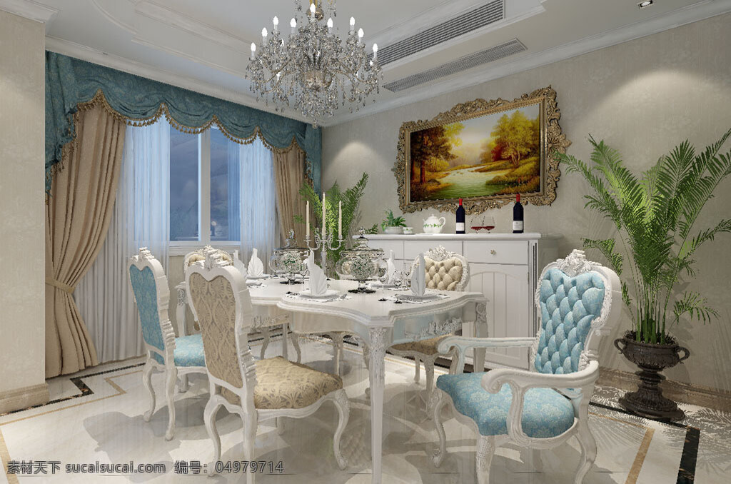 简约 欧式 餐厅 室内设计 效果图 蓝色 植物 装饰画 3d 餐桌 灯具