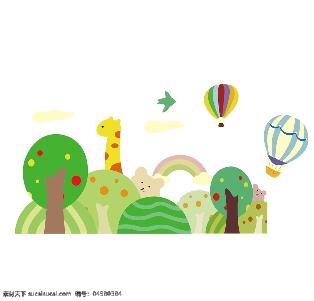 卡通背景 手绘 矢量 小鹿 幼儿园 热气球 彩虹背景 手绘矢量图