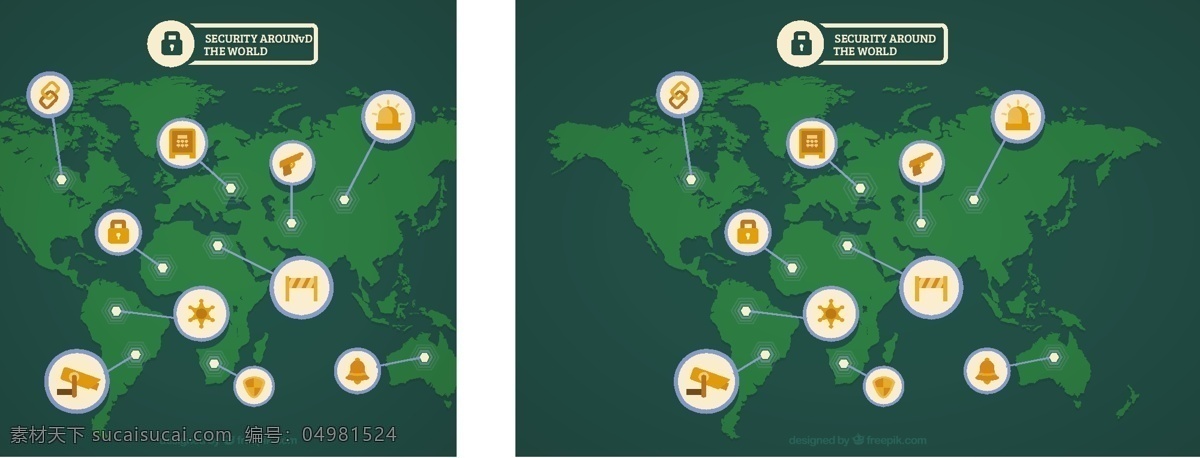 绿色 世界地图 橙色 白底 圆形 安全 图标 背景 绿色世界地图 橙色安全图标 白色图标 电脑安全 元素图标 警示图标 锁具插图 地图标注 标注线 绿色背景
