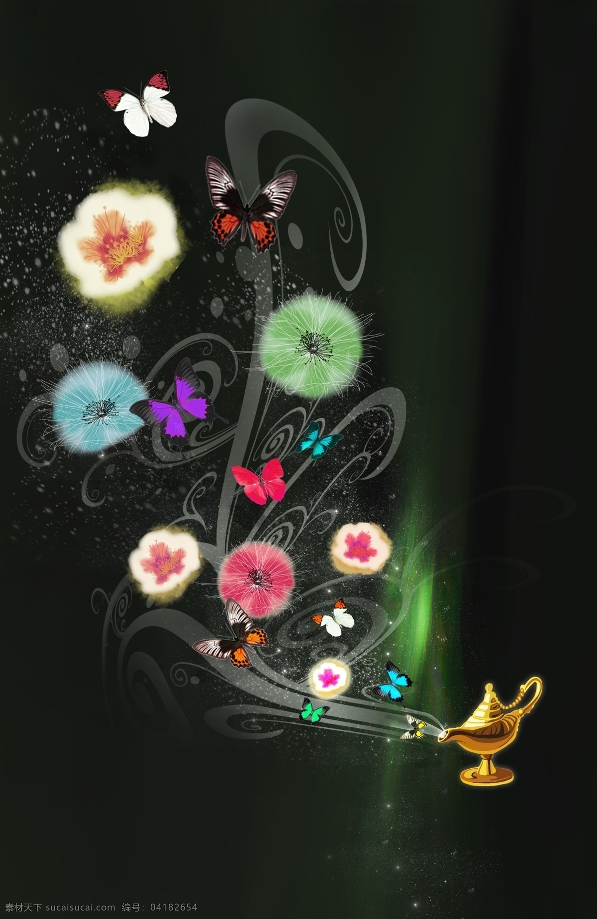阿拉丁神灯 梦幻花朵 时尚花纹 蝴蝶 画册设计 广告设计模板 psd素材 黑色