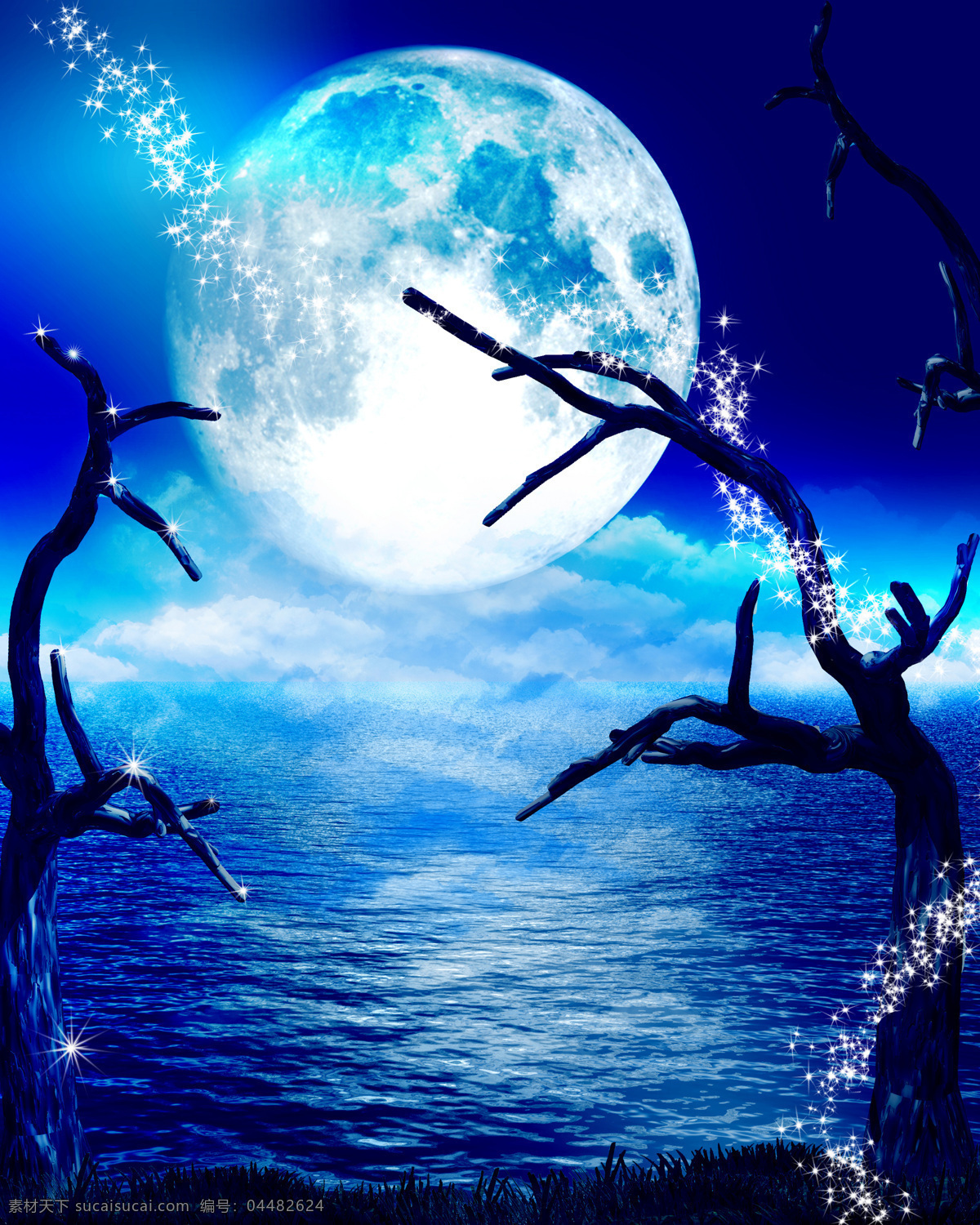 风景 夜景 明朗 月色 树杈 湖边 波光 月色风景 自然风景 自然景观 蓝色