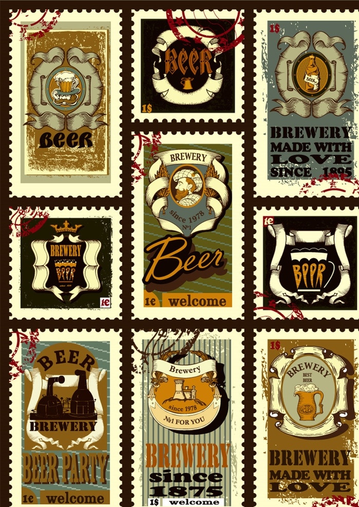 复古 啤酒 邮票 矢量 丝带 邮戳 啤酒杯 头像 人物 beer 矢量图