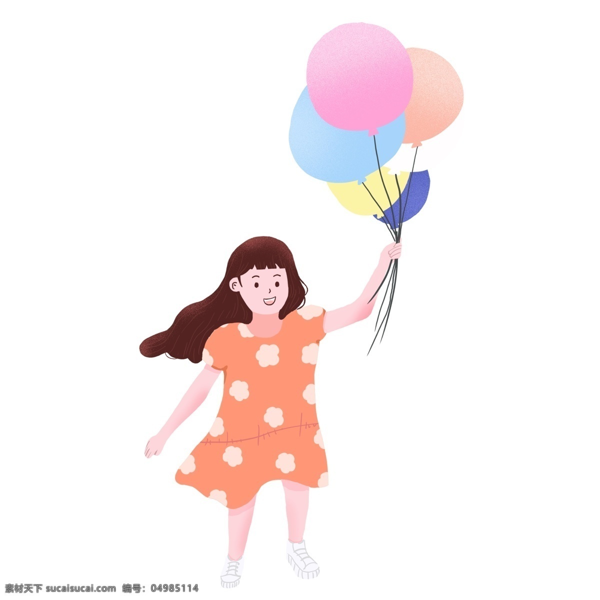 可爱 风 气球 女孩 插画 人物 元素 拿气球女孩 卡通元素 少女元素 插画人物