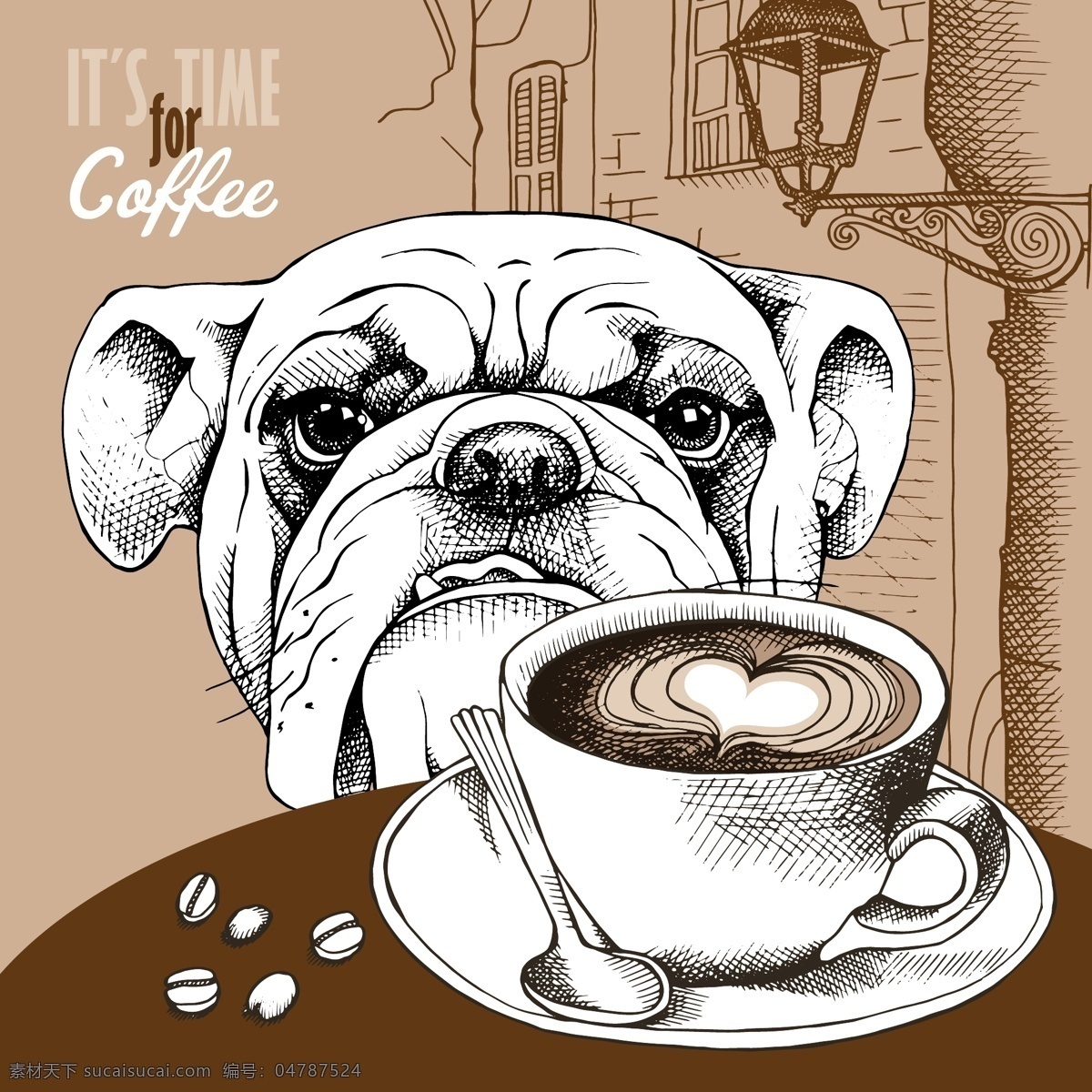 手绘 狗 咖啡 插画 时尚 创意 小狗 咖啡豆