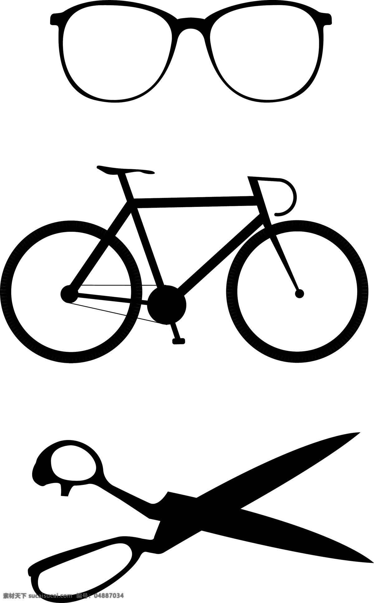 纯洁的轮廓 自行车 剪刀 眼镜 白色背景