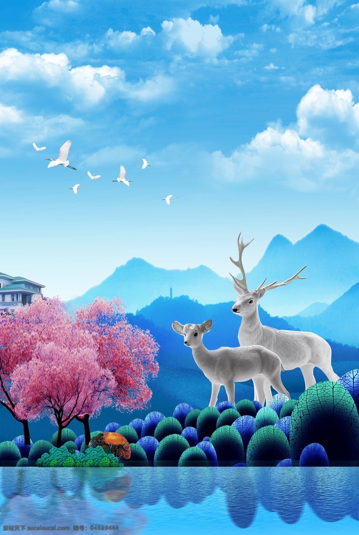 蓝色 唯美 清新 山水 麋鹿 户外 背景 户外背景 树木 湖水 蓝天 远山 回归自然
