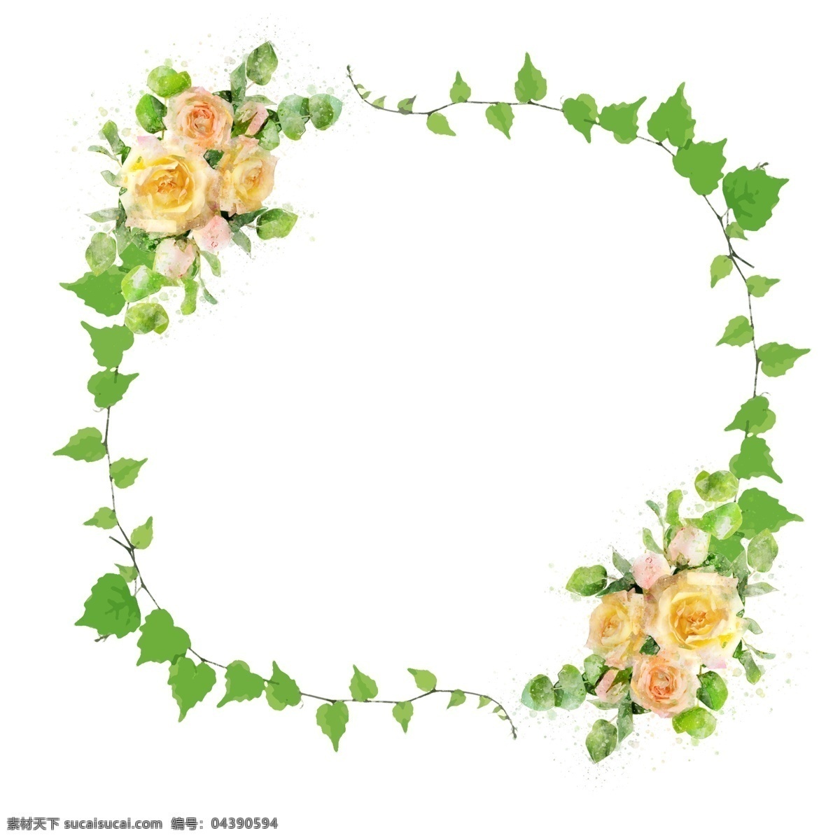 手绘 植物 花卉 圆形 边框 水彩 元素 黄色 绿色 原创 植物边框 圆形边框 手绘边框 水彩边框