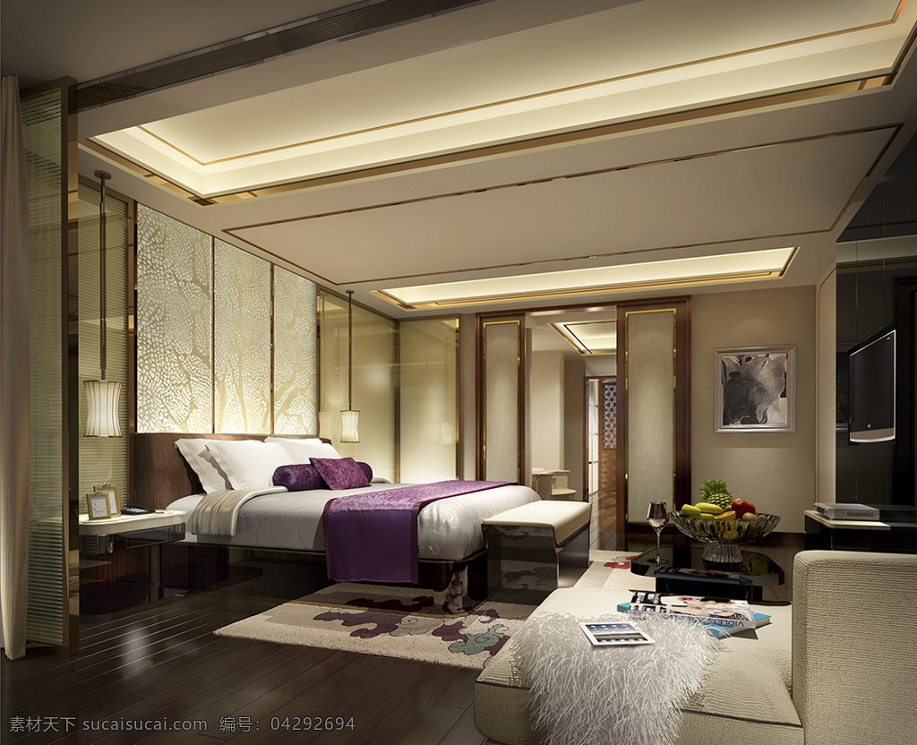 现代 时尚 卧室 白色 毛毯 室内装修 效果图 木地板 卧室装修 紫色床单 白色沙发