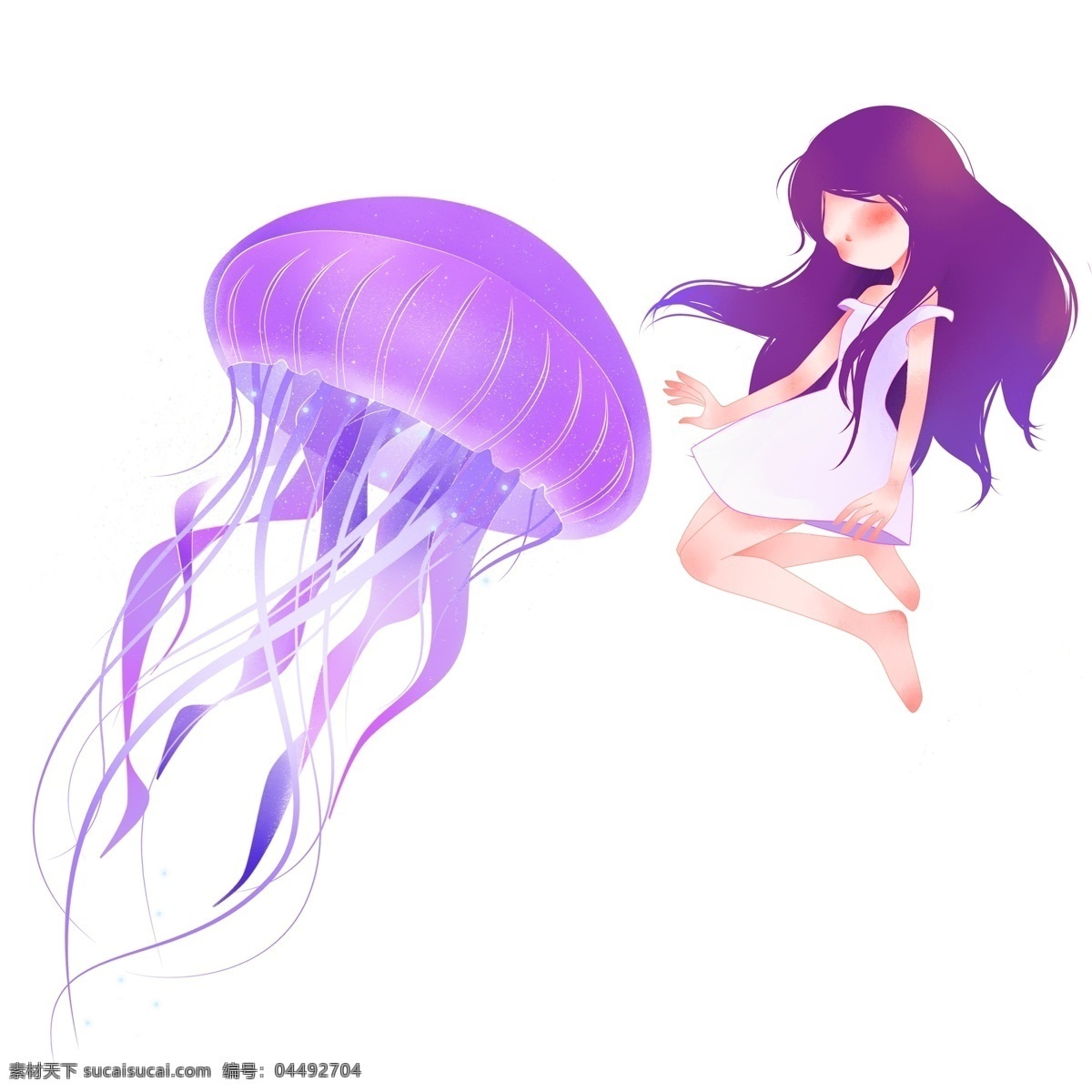 紫色 唯美 水母 女孩 梦幻 插画设计 手绘 女生