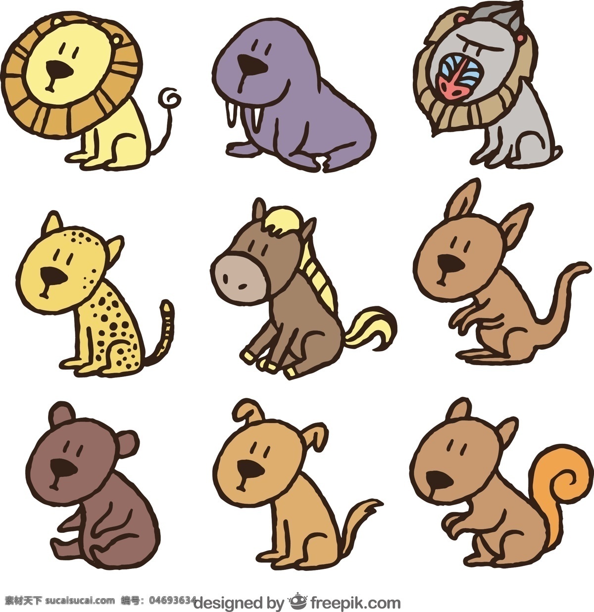 各种 野生动物 采集 手 狗 自然 卡通 动物 猫 手绘 可爱 狮子 七彩 马 猴 画 印章 有趣 可爱的动物 松鼠 豹