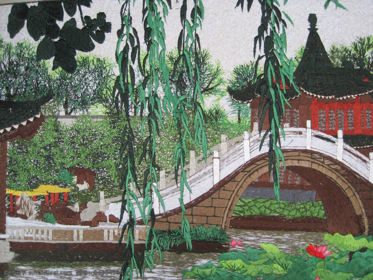 风景名胜 自然景观 小桥 流水 树叶 垂柳 风景 亭子 拱桥 荷花 荷叶 池塘 绿叶 刺绣 传统文化 文化艺术