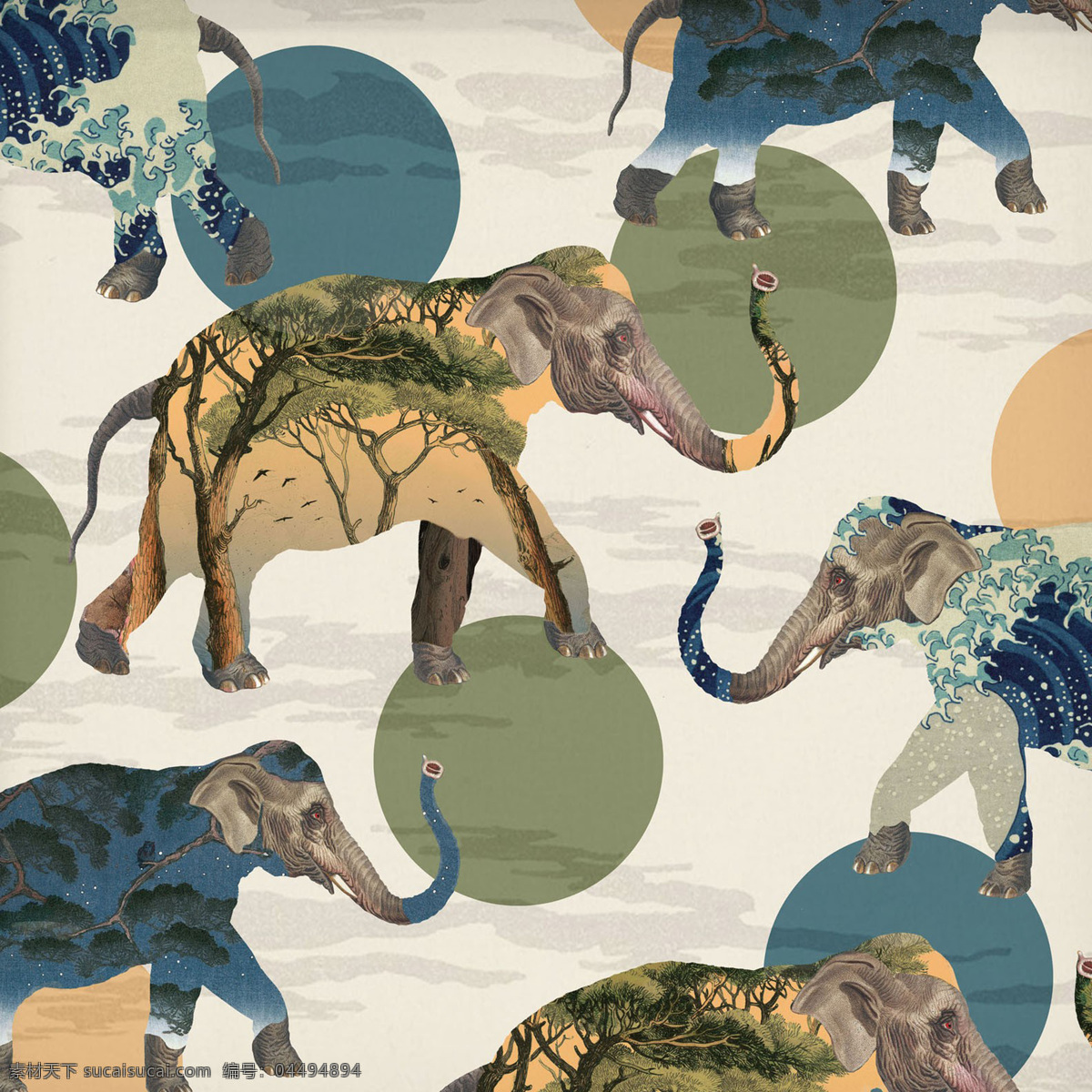 大象设计图案 自然风光 森林 动物图案 大象 树 白色
