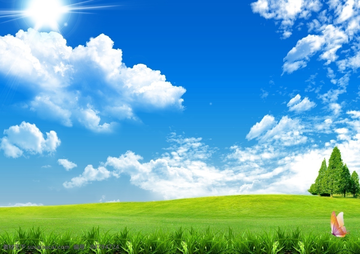 蓝天白云 蓝天 白云 阳光 灿烂 草地 绿树 宽阔 分层