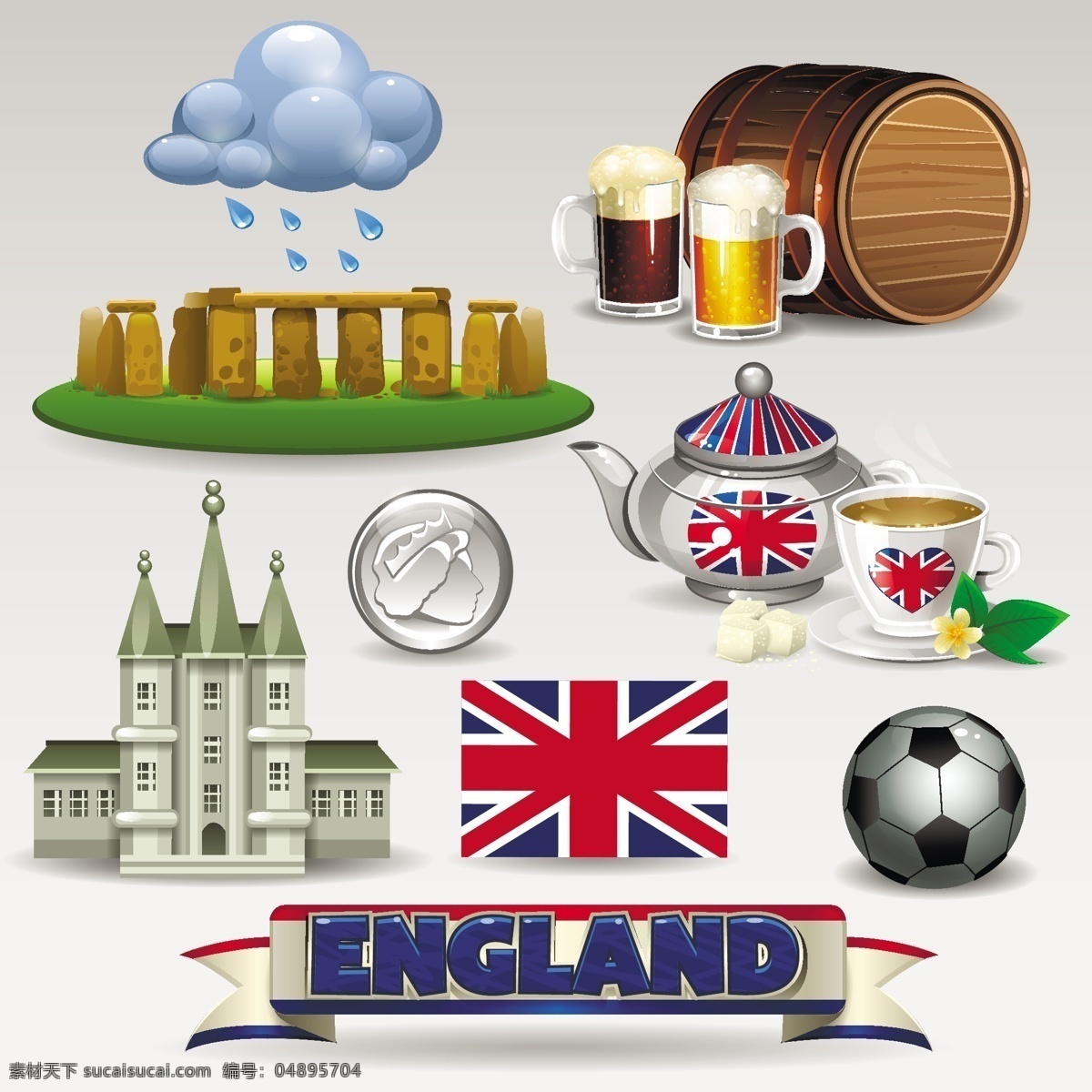 英国元素矢量 乌云 雨 天气 巨石阵 啤酒 啤酒桶 茶 下午茶 米字旗 足球 英镑 英国 旅行 矢量图 eps格式 标志图标 其他图标
