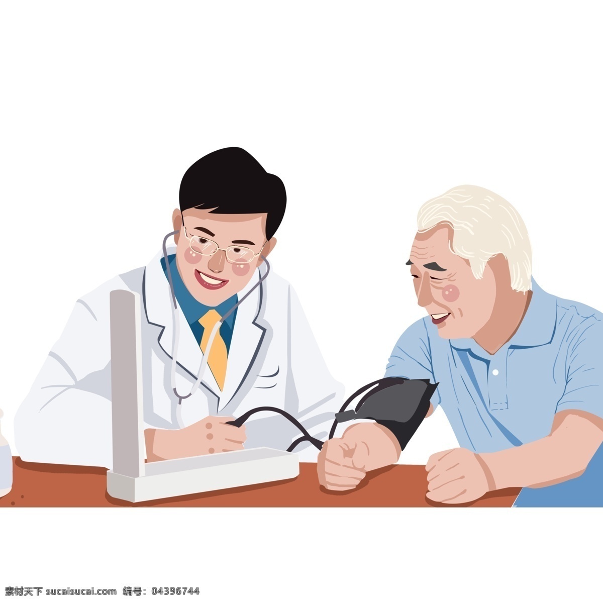 卡通 手绘 医生 老人 量 血压 量血压 插画 医疗场景