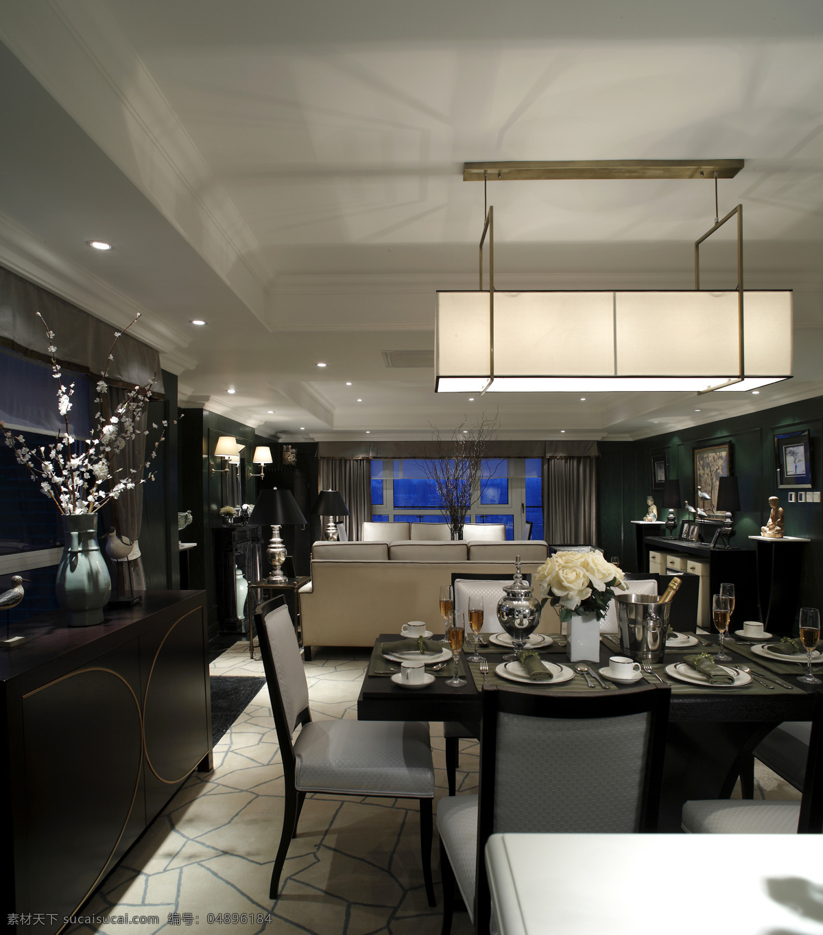黑白 室内 餐厅 吊灯 现代 奢华 装修 效果图 实木壁柜 长方形餐桌 精美餐具 长方形吊灯