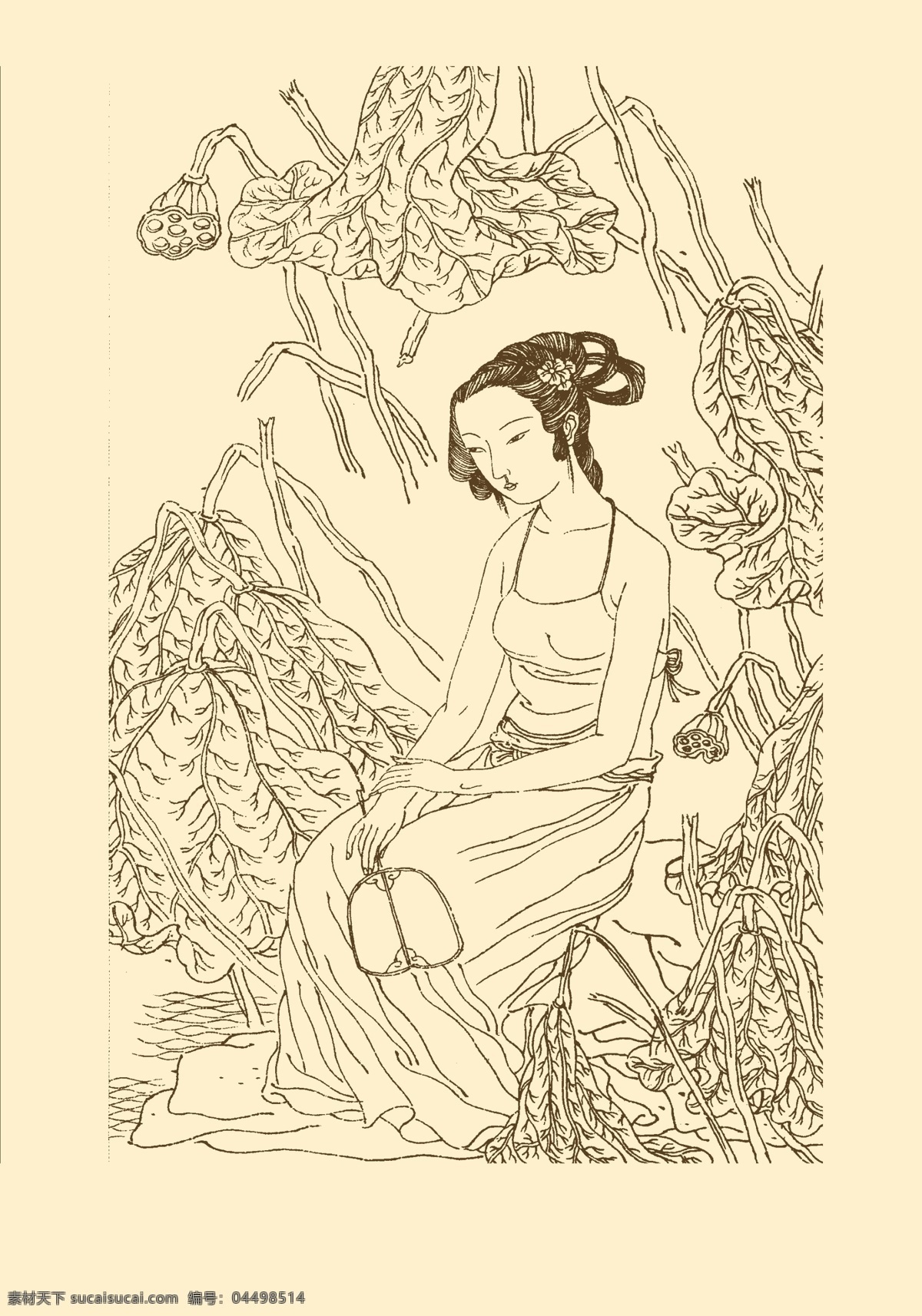 侍女 仕女 仕女线描 白描 线描 国画 中国画 人物 女性 古典 中国风 传统 分层 源文件