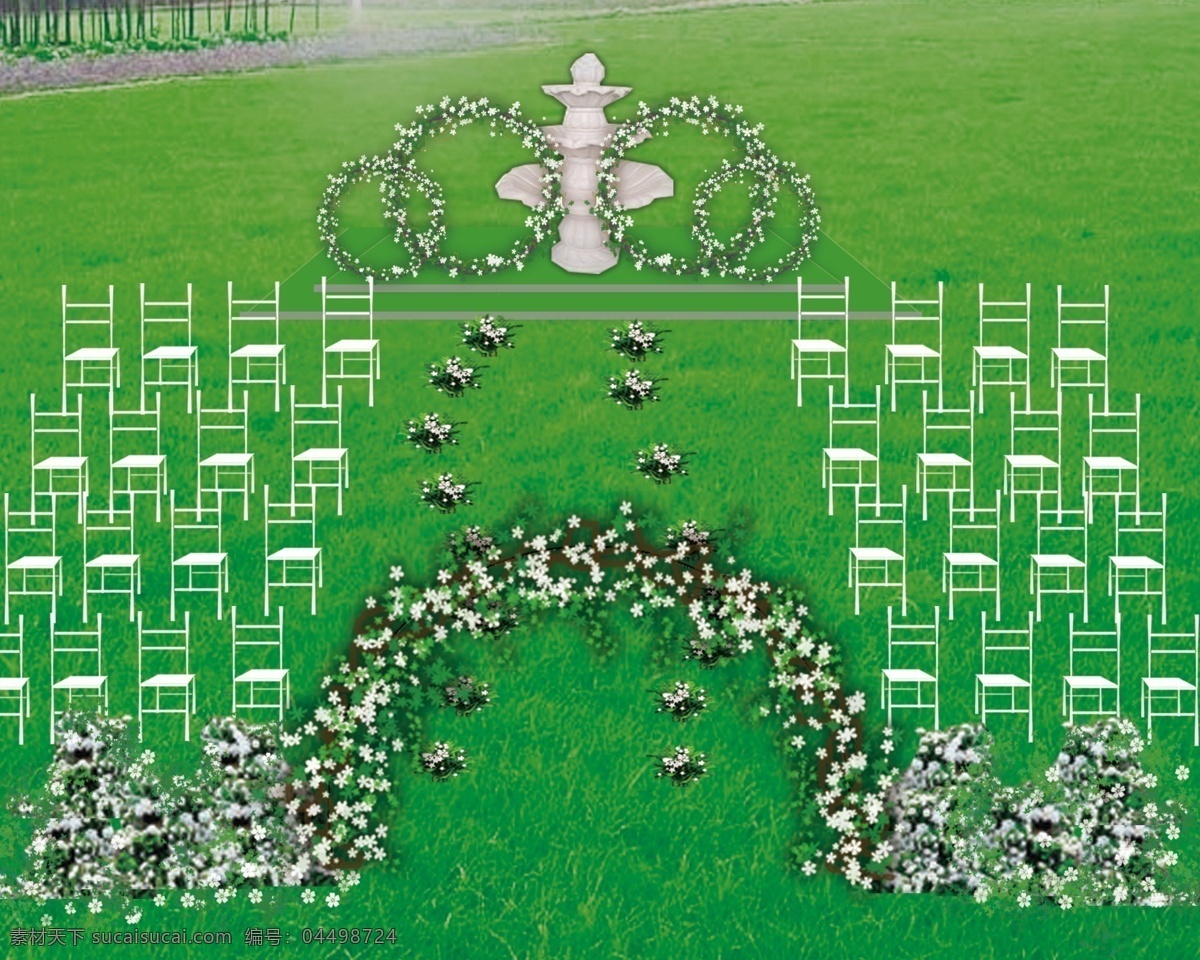 户外婚礼 白色竹节 拱门 花艺 圆环 喷泉 绿色