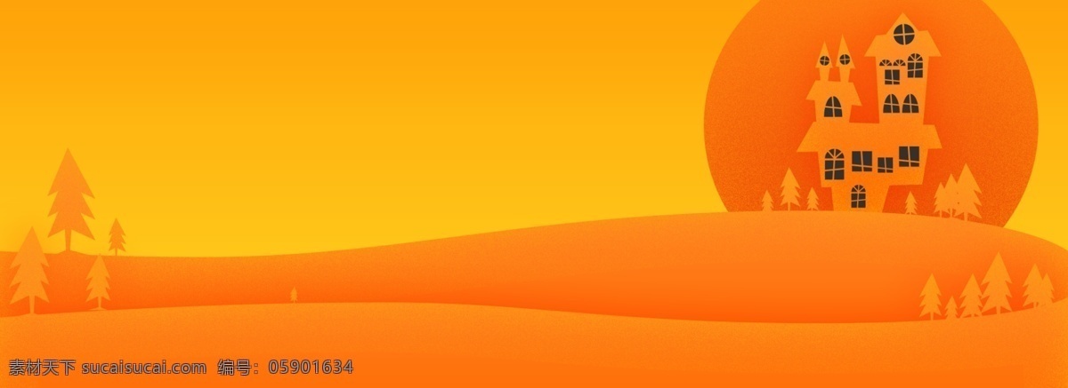 全 原创 万圣节 南瓜 色 背景 城堡 太阳 夕阳 树木 南瓜色 落日