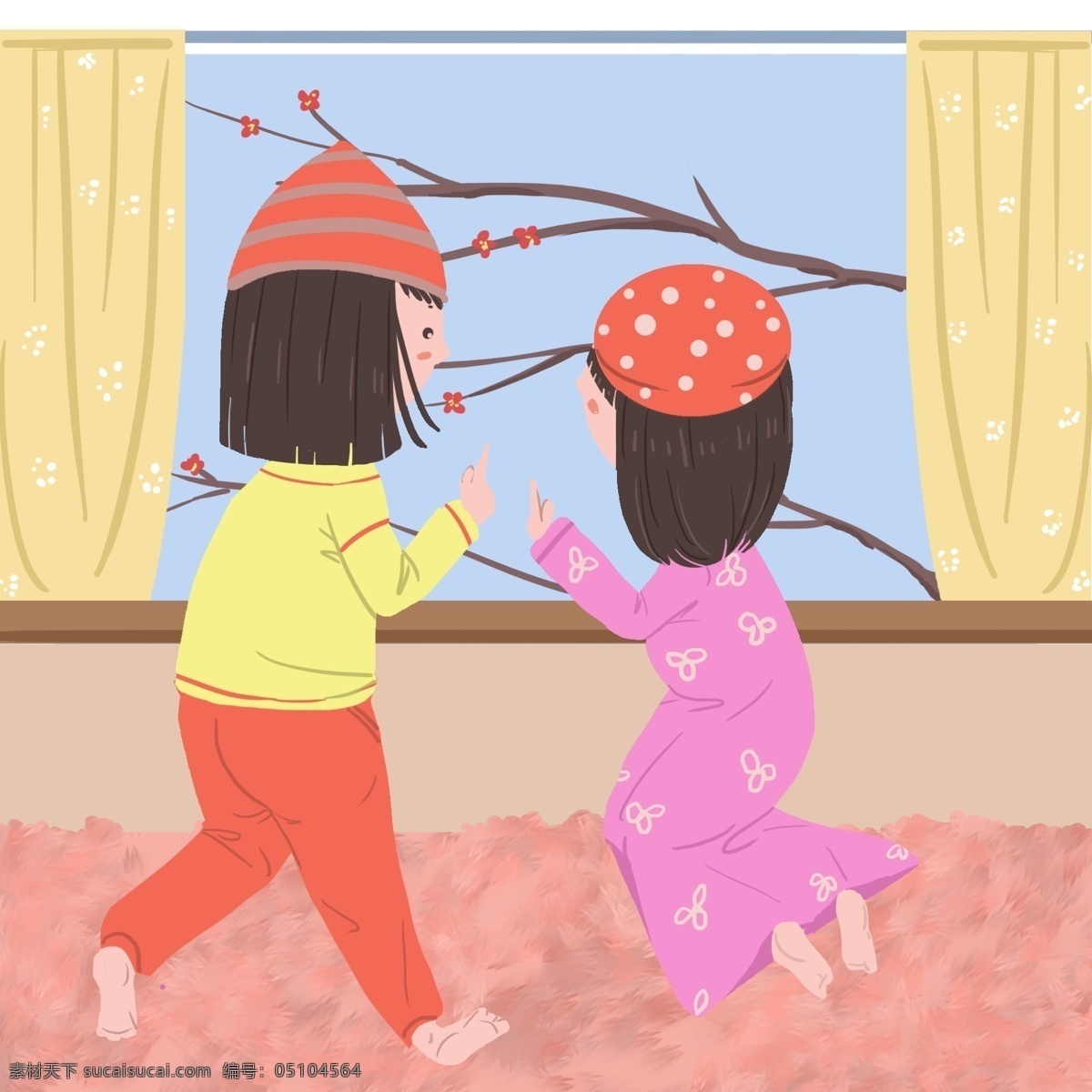 两个 女孩 被窝 里 看 风景 冬天 冬季 小清新插图 窗外的风景 穿着 睡衣 点点红梅 冬天的清晨 粉色