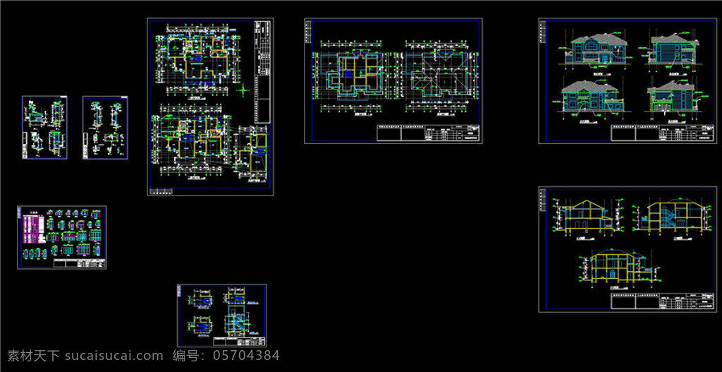 别墅 cad 图纸 建筑图纸 源文件 施工 设计图 施工图 图纸模板下载 豪华别墅 dwg 黑色