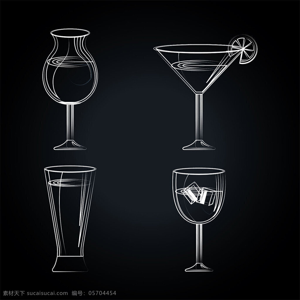 手绘 线条 鸡尾酒 矢量素材 矢量图 设计素材 酒杯 杯子 饮料 3d线条酒杯 黑色背景图 杯子设计图