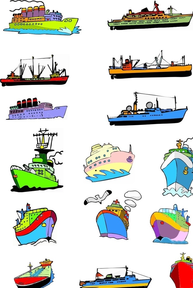 卡通轮船 现代科技 设计素材 帆船 小船 轮船 远洋船 大轮船 巨轮 海盗船 卡通 简笔画 插画 动漫 儿童 画册 高清 学习卡 卡 交通工具