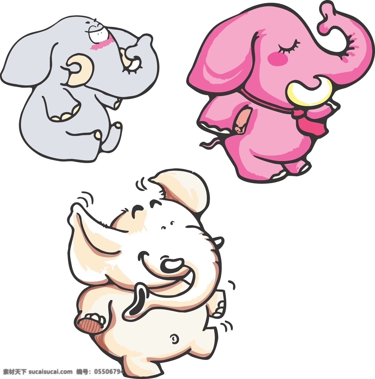 大象 三只大象 可爱的大象 矢量图 儿童插画 儿童漫画 坐着的大象 象鼻子 象牙 粉色大象 生物世界 野生动物