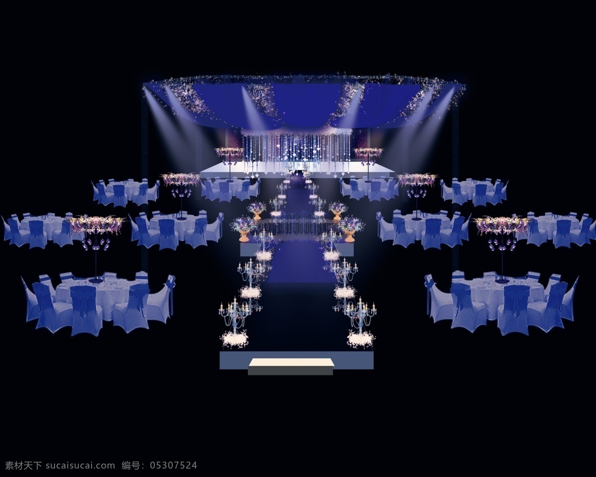 蓝色 婚礼 舞台 效果 星星灯 梦幻 水晶珠帘 中心舞台垂幔 黑色