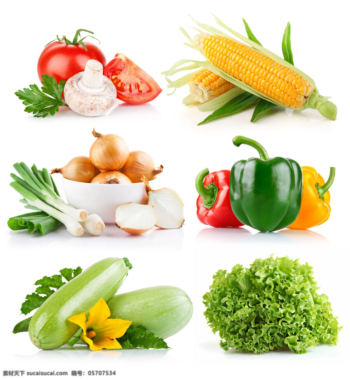 各种蔬菜 食物 蔬菜 新鲜蔬菜 鲜艳 美味 可口 青瓜 青菜 辣椒 玉米 洋葱 番茄 水果蔬菜 餐饮美食 白色