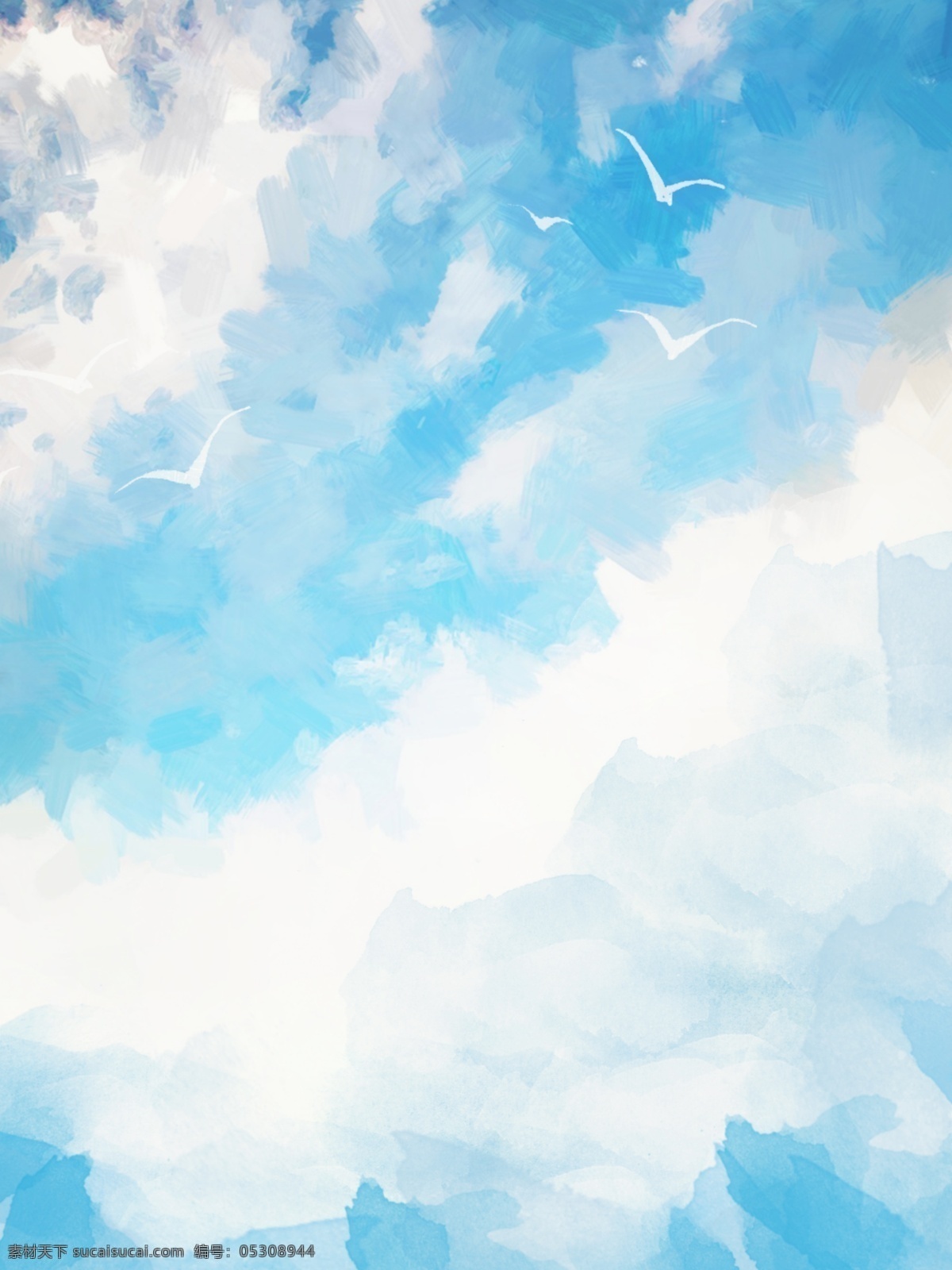 纯 原创 手绘 风格 水彩 蓝色 蓝天 白云 背景 蓝天白云 手绘背景 蓝色背景 水彩背景 小清新背景 飞鸟背景