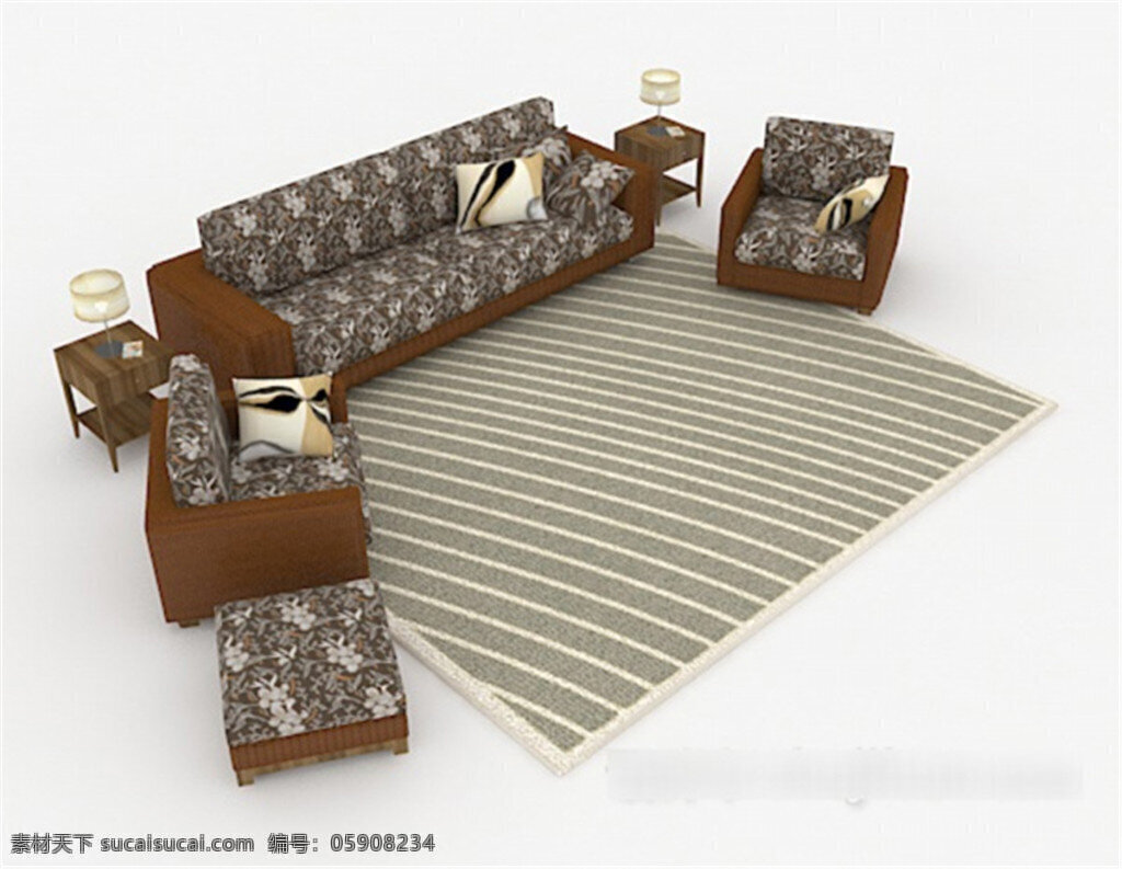中国 风 沙发 组合 模型 布艺沙发 茶几 单人沙发 靠垫 靠枕 客厅 台灯 中式 有贴图 家具组合 白色