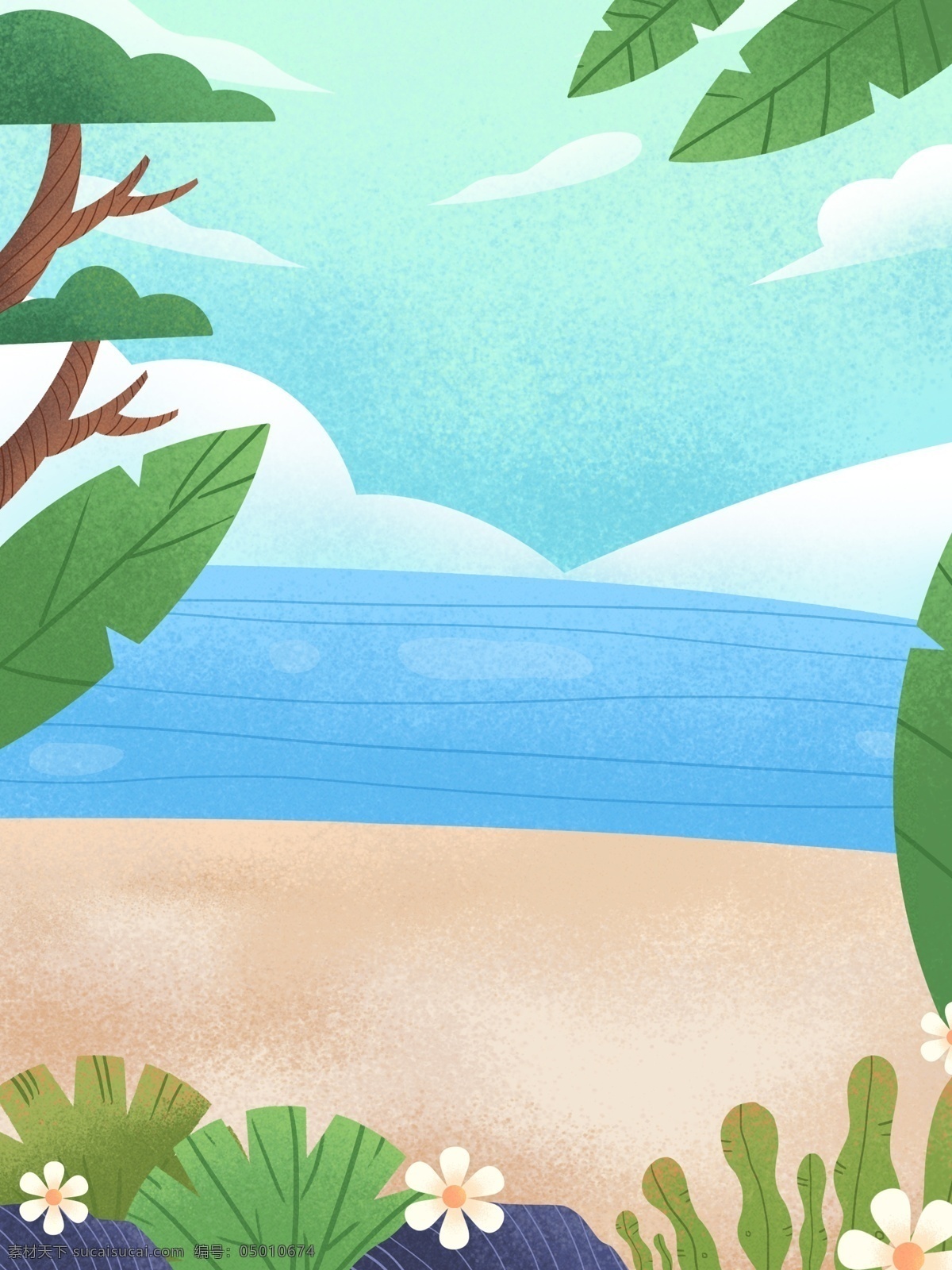 二十四节气 夏至 海滩 背景 立夏 夏天背景 绿叶 树叶 大海 沙滩 背景设计 促销背景 背景展板图 背景图