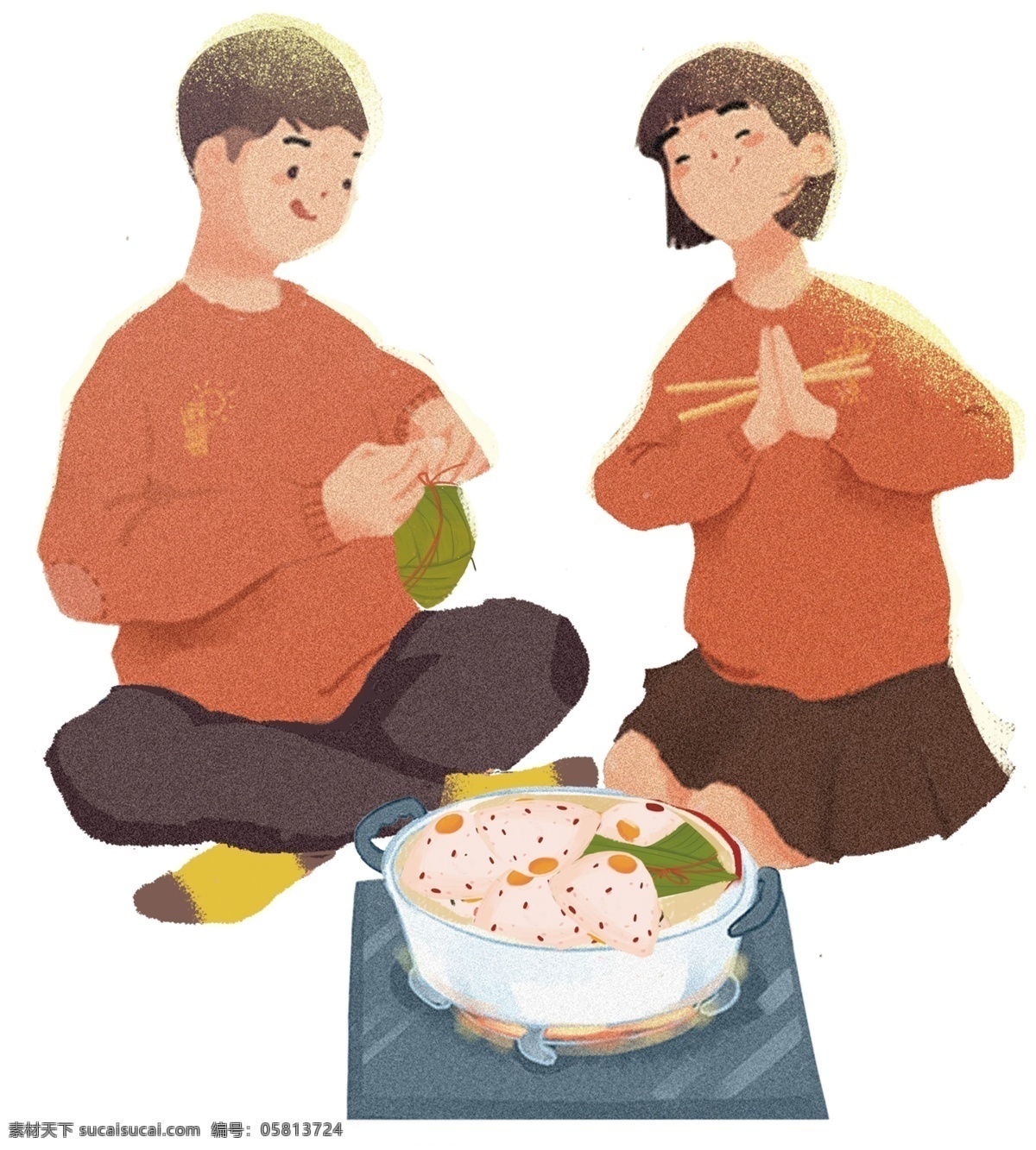 两个 吃 粽子 男孩 食物 卡通 人物 吃饭 图案