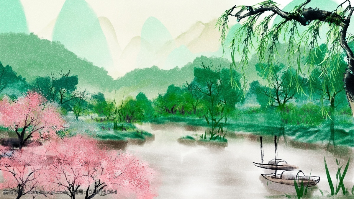 唯美 复古 中国 水墨画 风景画 水彩画 插画 壁纸 古风 电商 手机配图 中国水彩画 海报