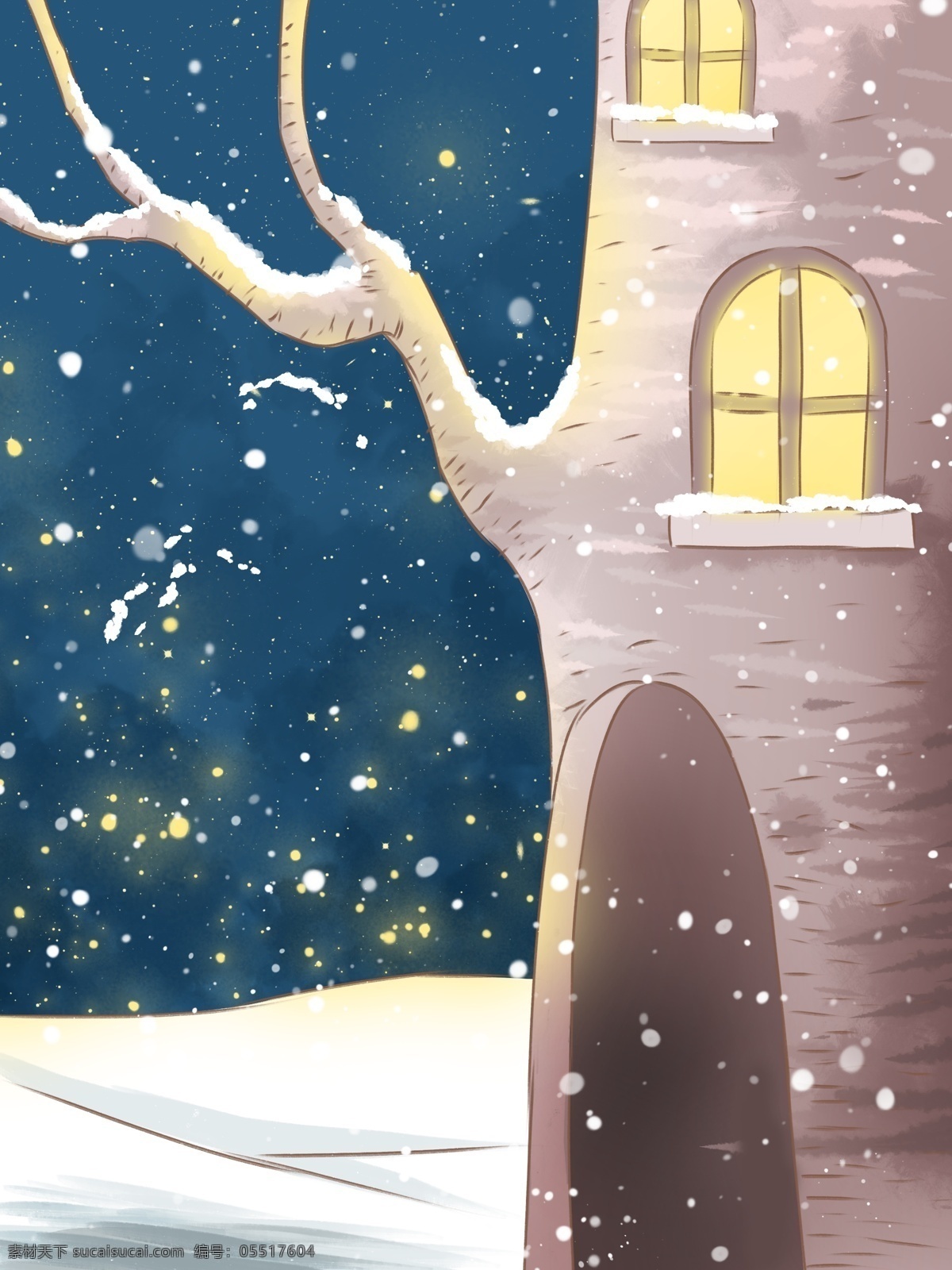清新 浪漫 小雪 节气 房屋 背景 风景 背景设计 雪景 大雪节气 中国风节气 彩绘背景
